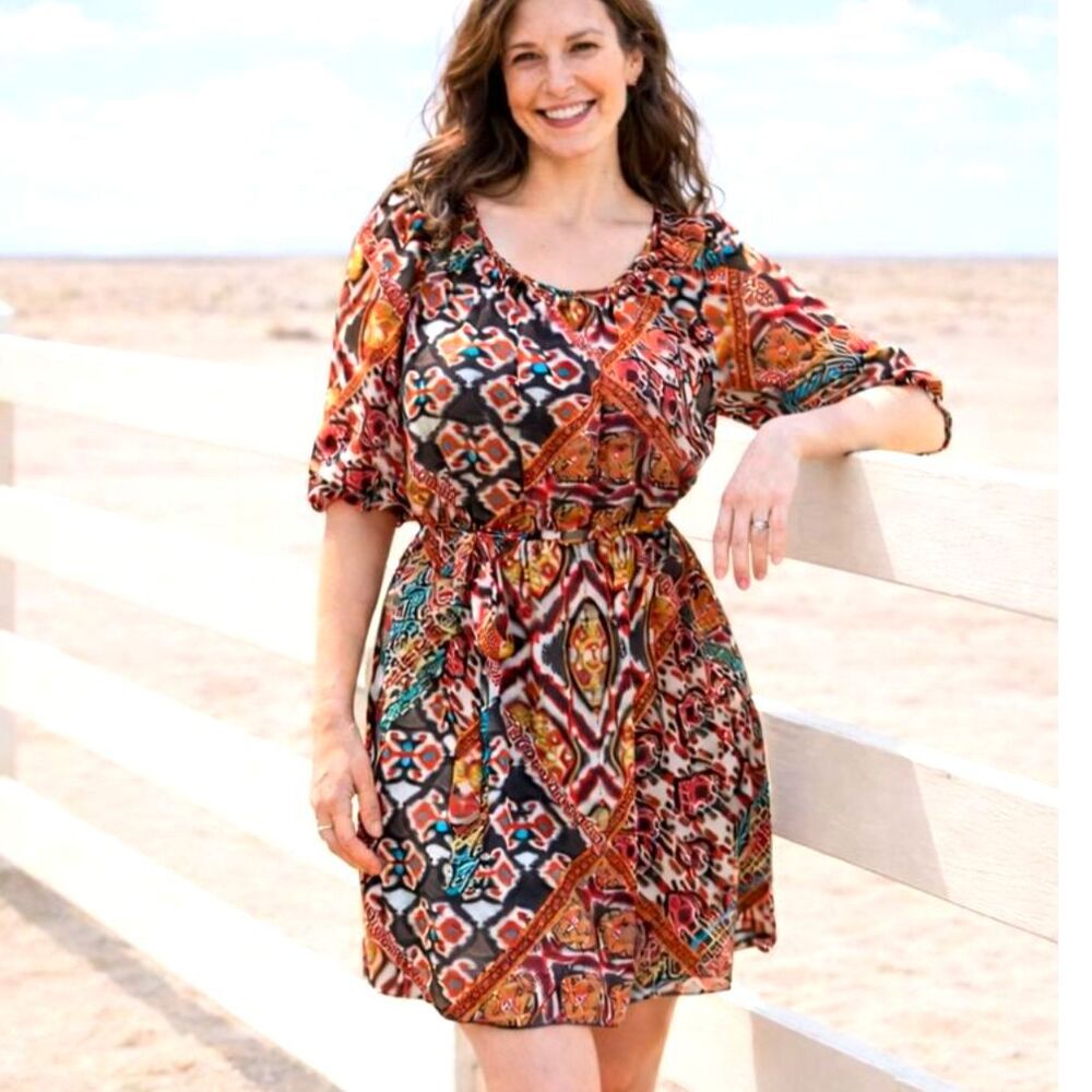 Boho Patchwork Mini Dress M Jr L Paisley Tie Teal Rust Y2K Fall Chiffon Festival